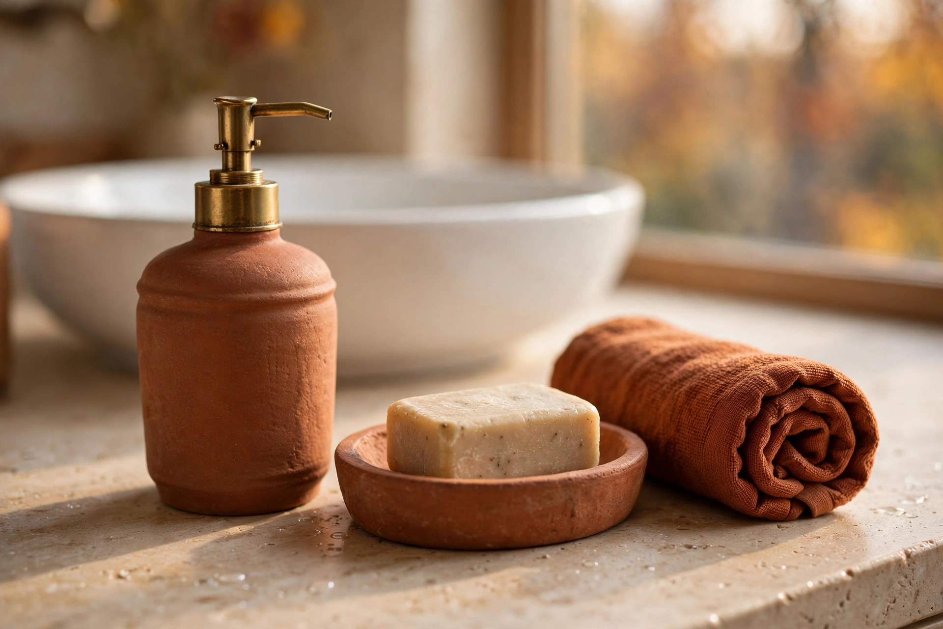 Amber glass soap dispensers on a wooden tray are small fall bathroom decor ideas with big impact