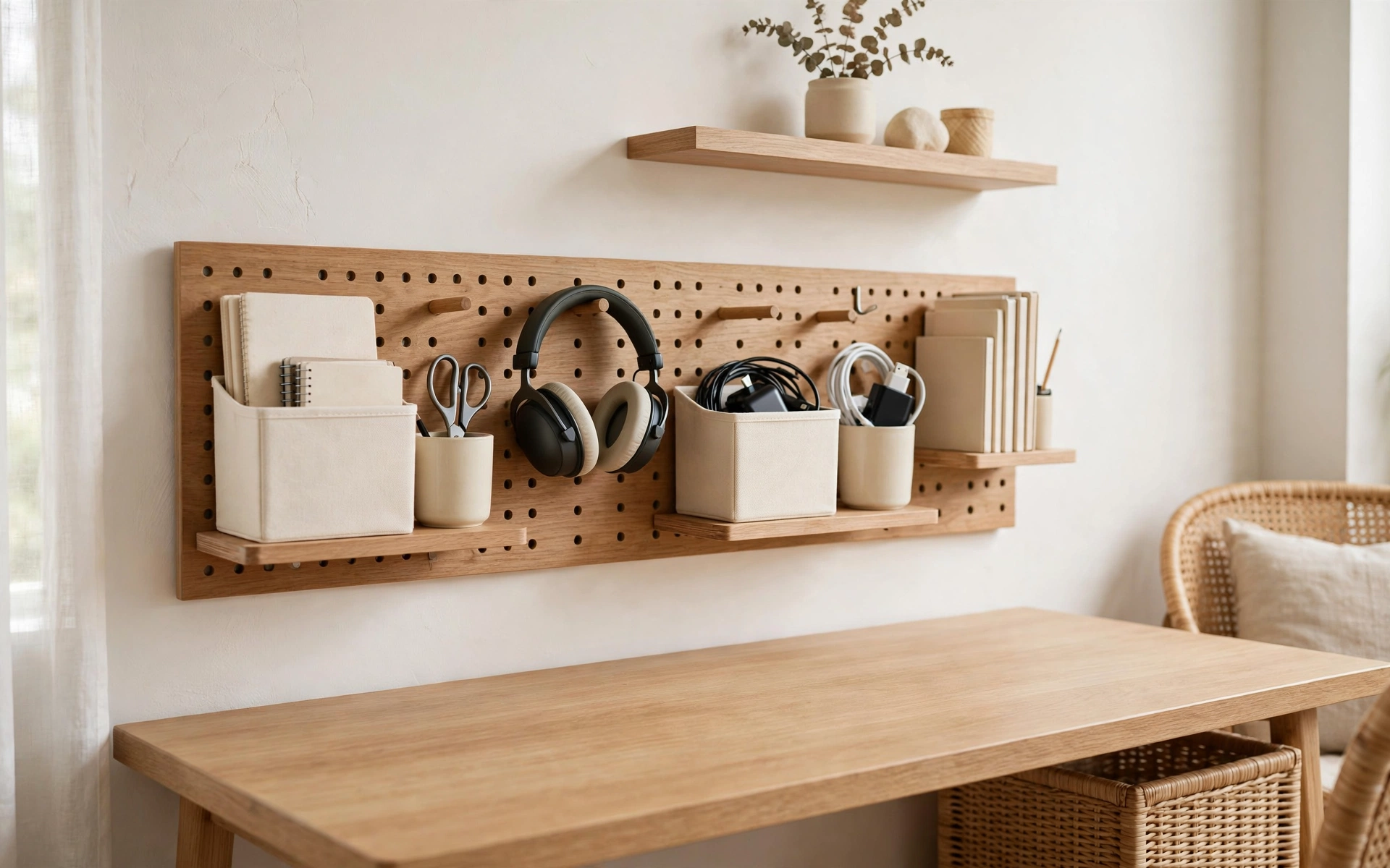 Home office desk setup ideas with a pegboard storage wall above the desk