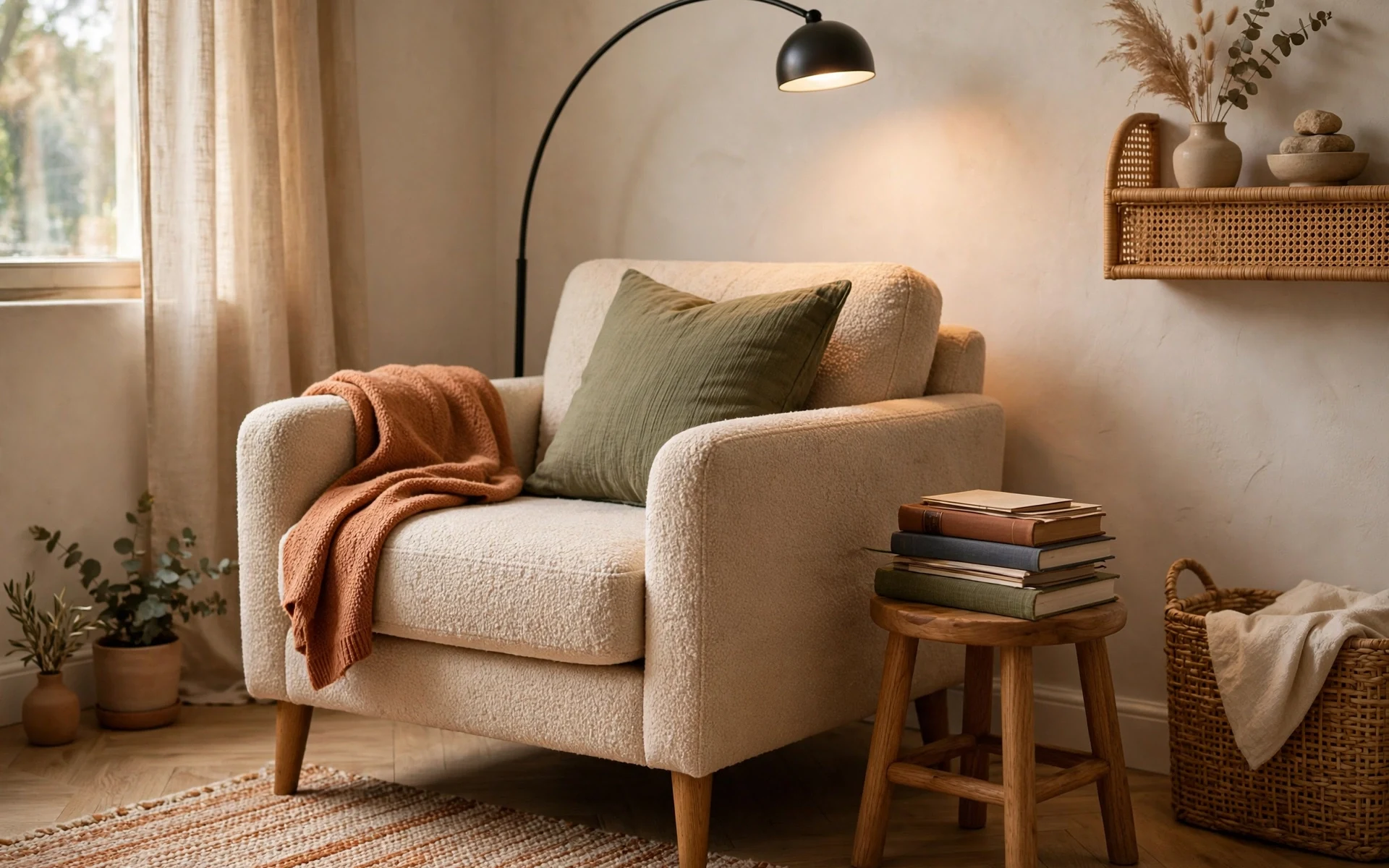Reading corner with a compact armchair and slim floor lamp as accent chair ideas for small living rooms
