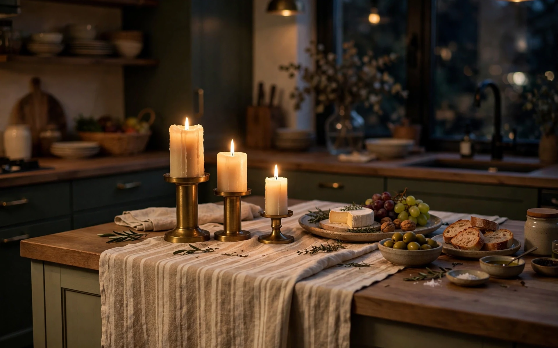 Linen runner with pillar candles and serving dishes as kitchen island decor ideas for evening entertaining