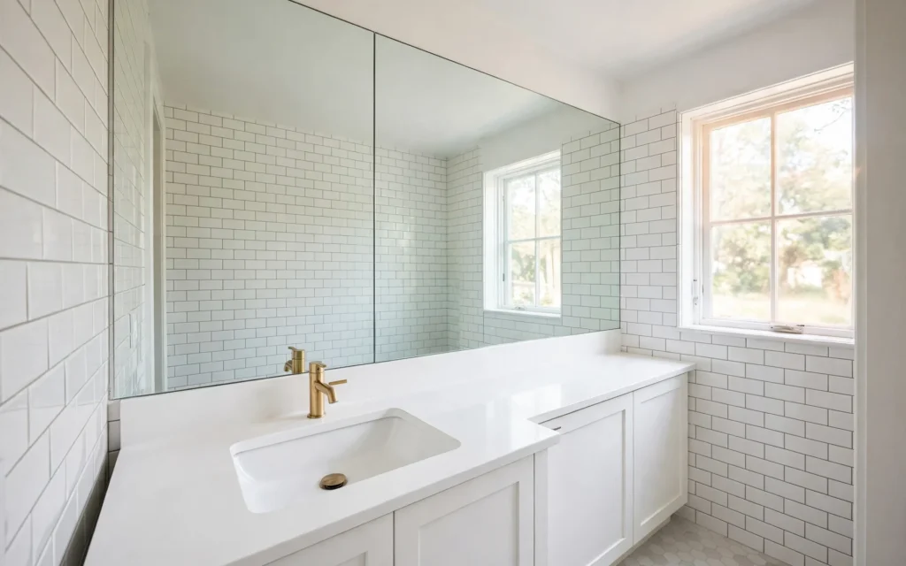 Mirror ideas for small rooms: wall-to-wall mirror over the vanity in a tiny bright bathroom