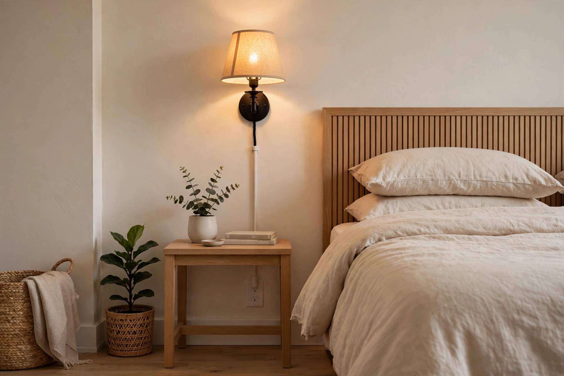 Plug-in sconce with cord cover in a rental bedroom, renter-friendly wall sconce ideas