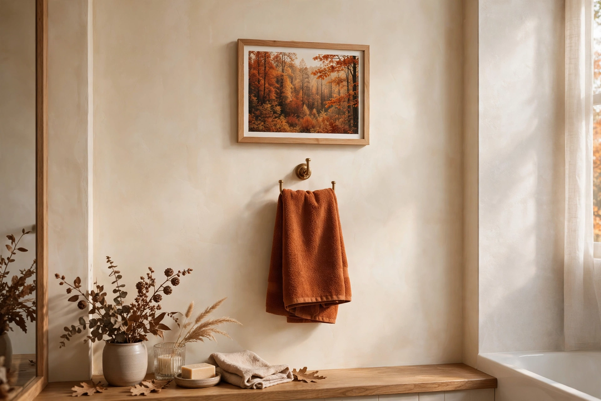 Brushed-brass hooks, a copper tray, and a brass-framed mirror are warm metallic fall bathroom decor ideas