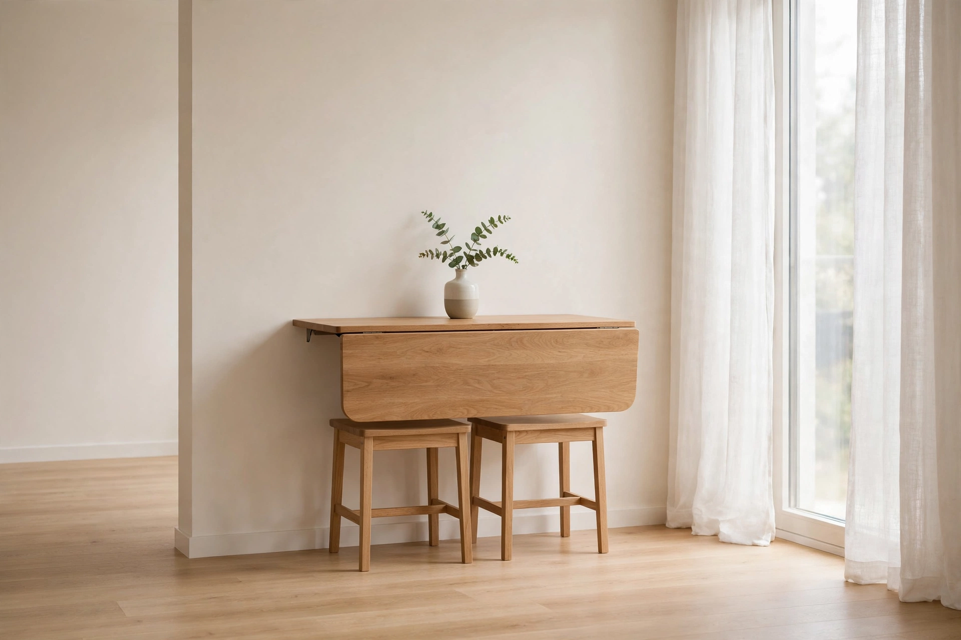 Studio apartment ideas: wall-mounted drop-leaf dining table with tuck-under stools in a small studio