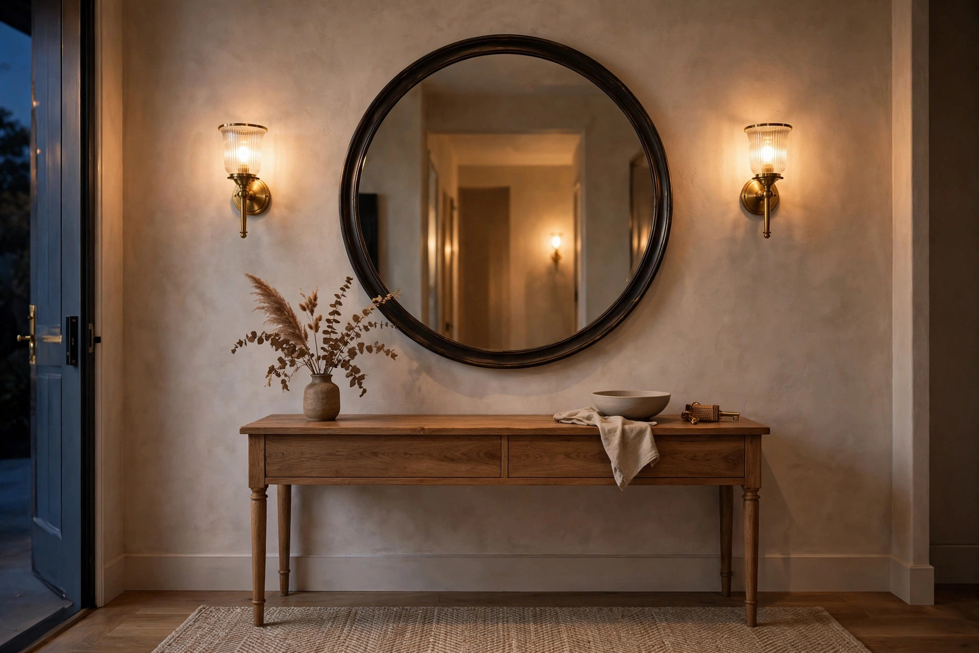 Sconces framing an entryway mirror, welcoming entryway wall sconce ideas