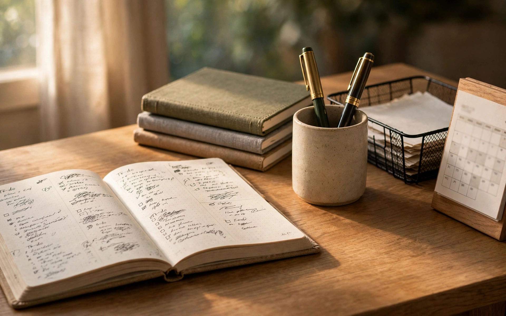 Home office desk setup ideas with an analog planning corner: planner, notebooks, and pen cup