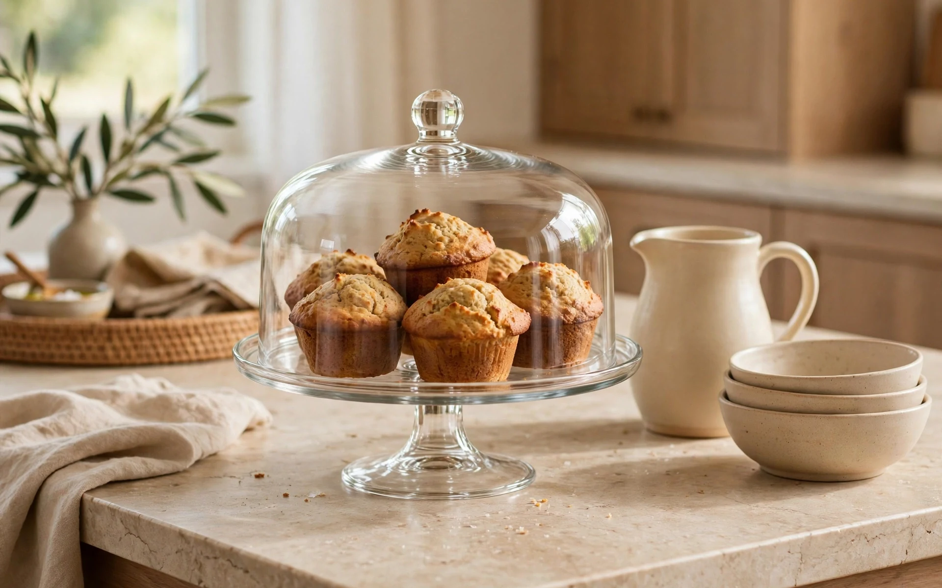Glass cake stand with baked goods and ceramic serveware as kitchen island decor ideas for entertaining