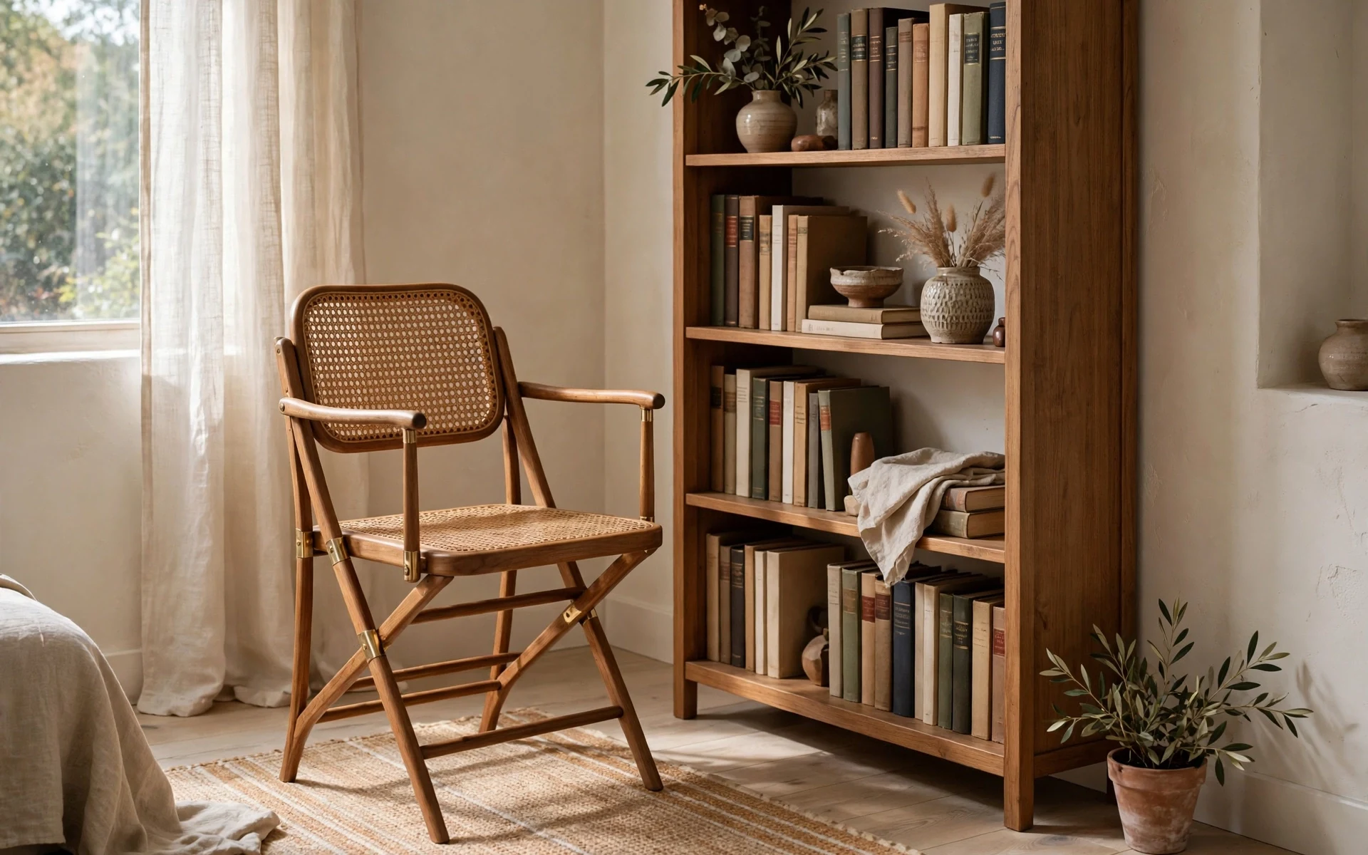 Wood and cane folding accent chair as flexible accent chair ideas stored beside a bookcase