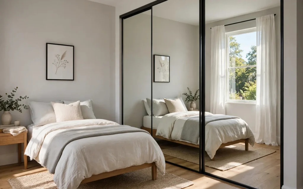 Mirror ideas for small rooms: mirrored closet doors doubling a small bedroom