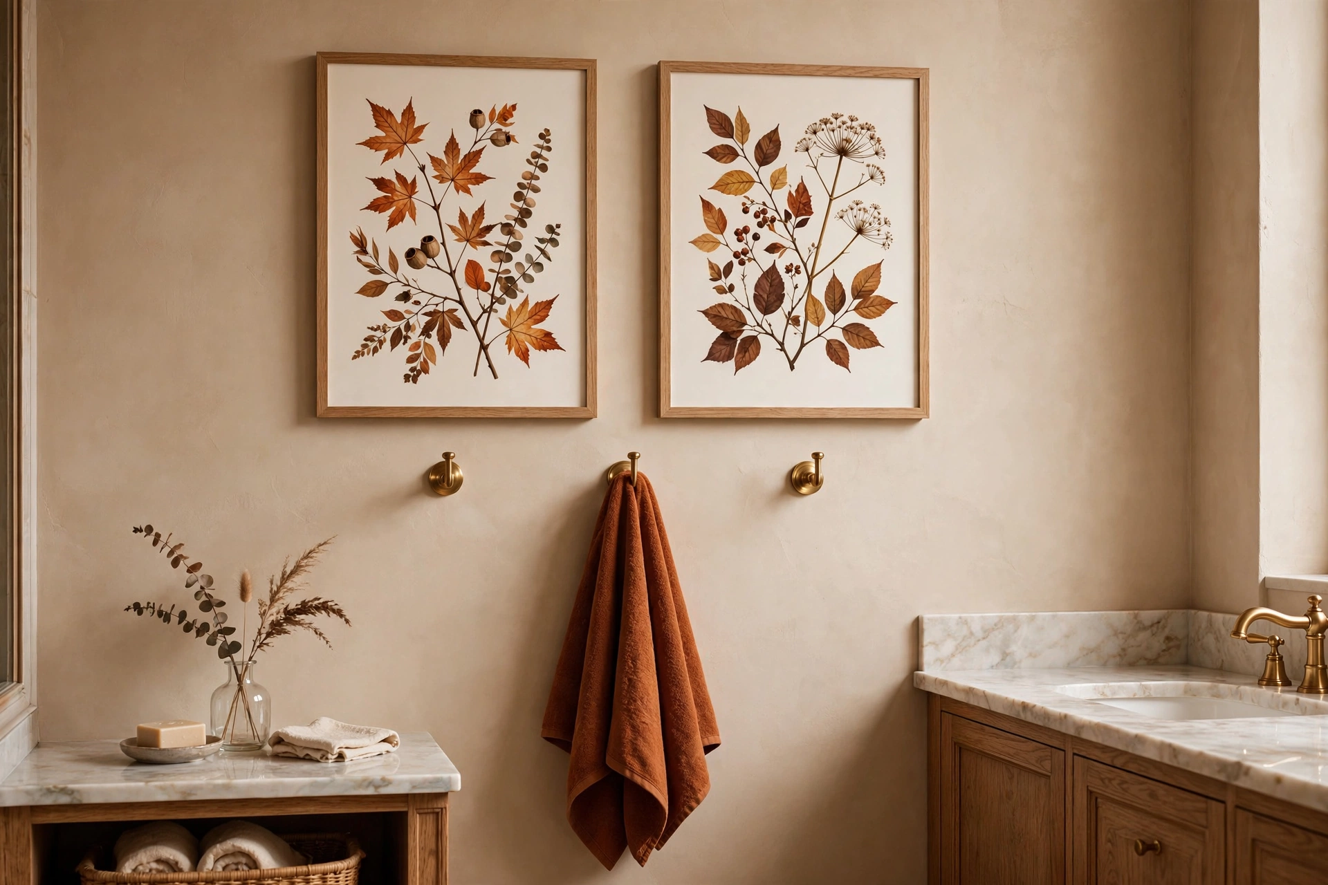 Framed autumn botanical prints above brass hooks are simple fall bathroom decor ideas for bare walls