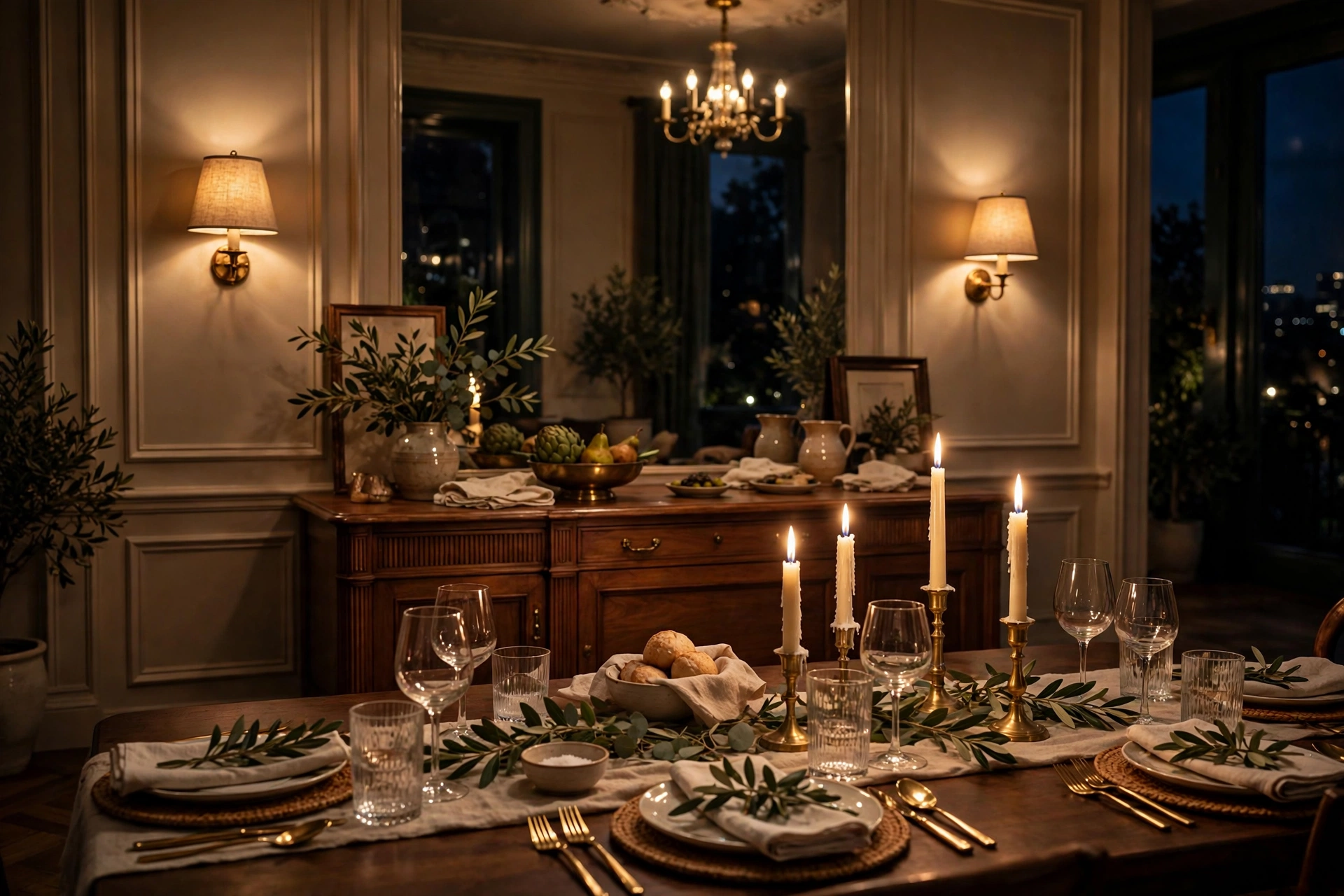 Sconces glowing over a dining room buffet, dining room wall sconce ideas