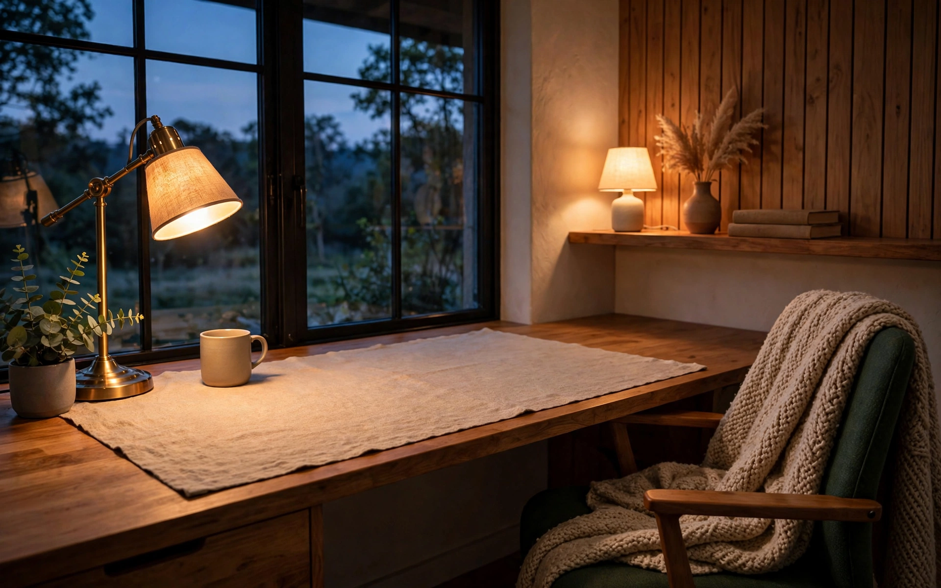 Home office desk setup ideas with warm cozy light: amber lamp glow at dusk