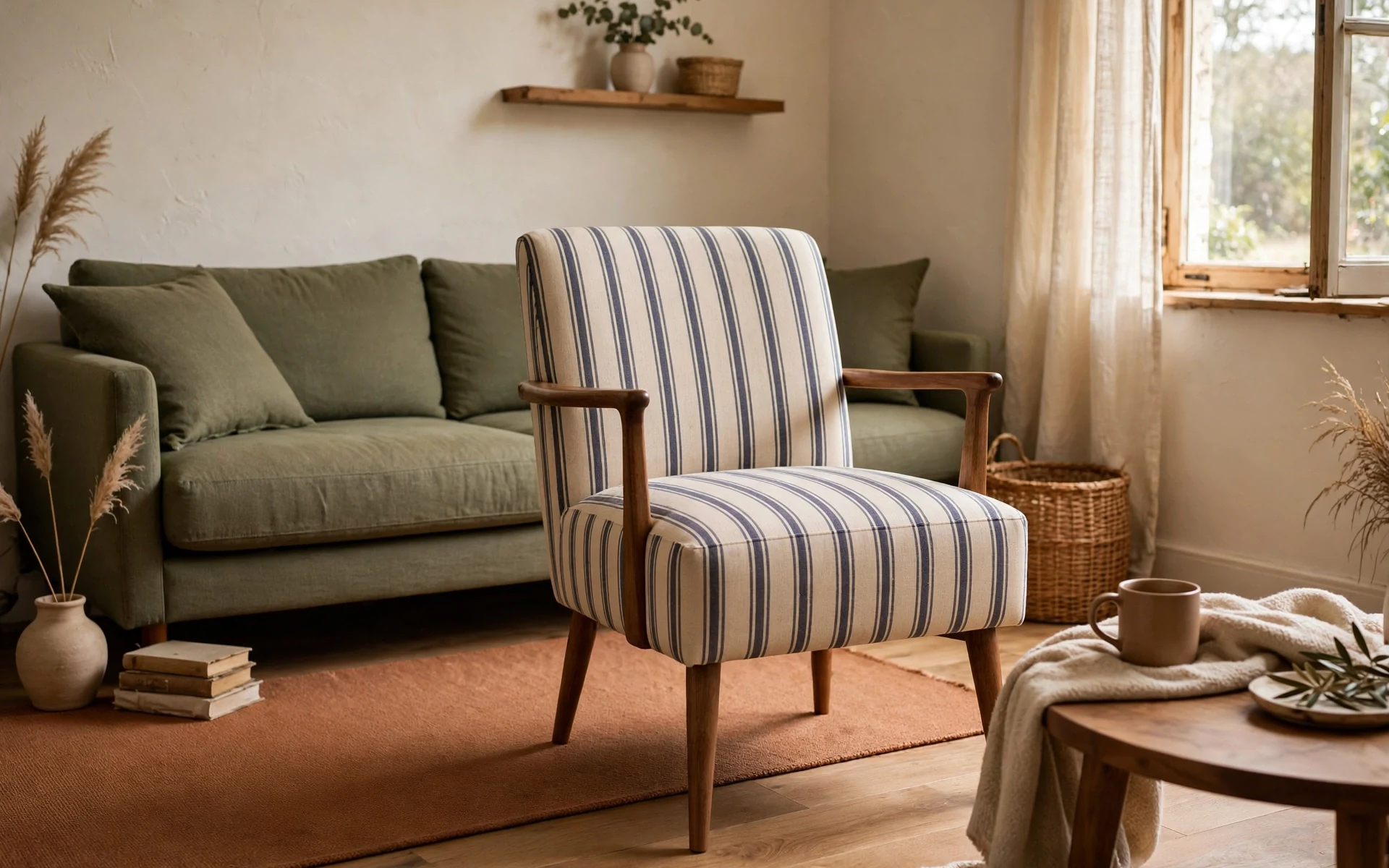 Patterned striped accent chair as focal point accent chair ideas in a small living room with solid sofa