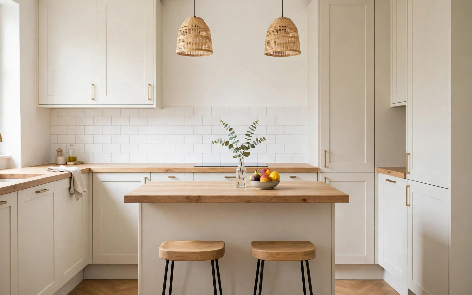 Small kitchen island with a single bud vase and fruit bowl as compact kitchen island decor ideas