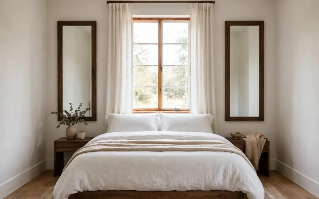 Mirror ideas for small rooms: matching pair of mirrors flanking a window in a small bedroom