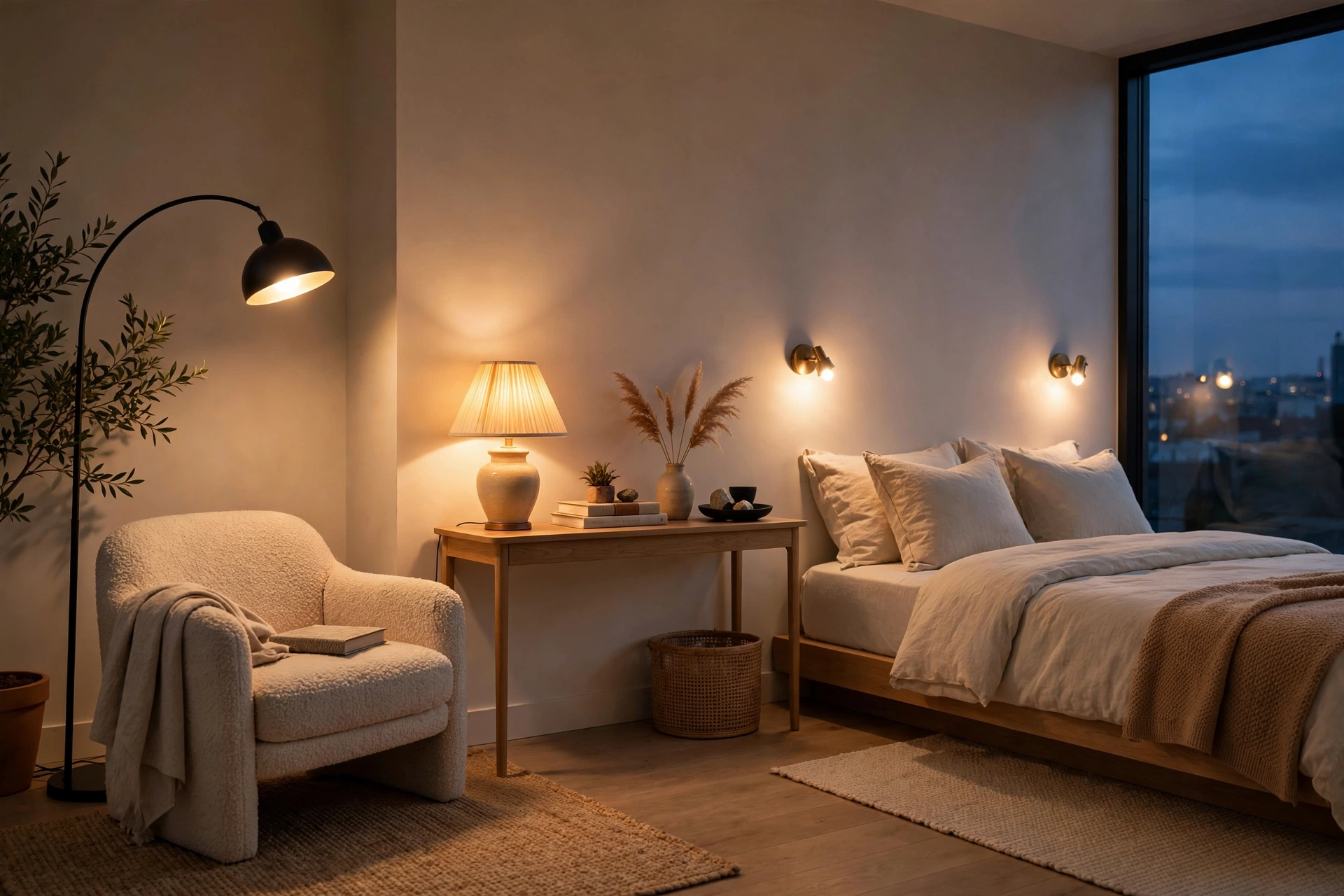 Studio apartment ideas: layered lighting with an arc floor lamp, table lamp, and wall sconces glowing in a studio at dusk