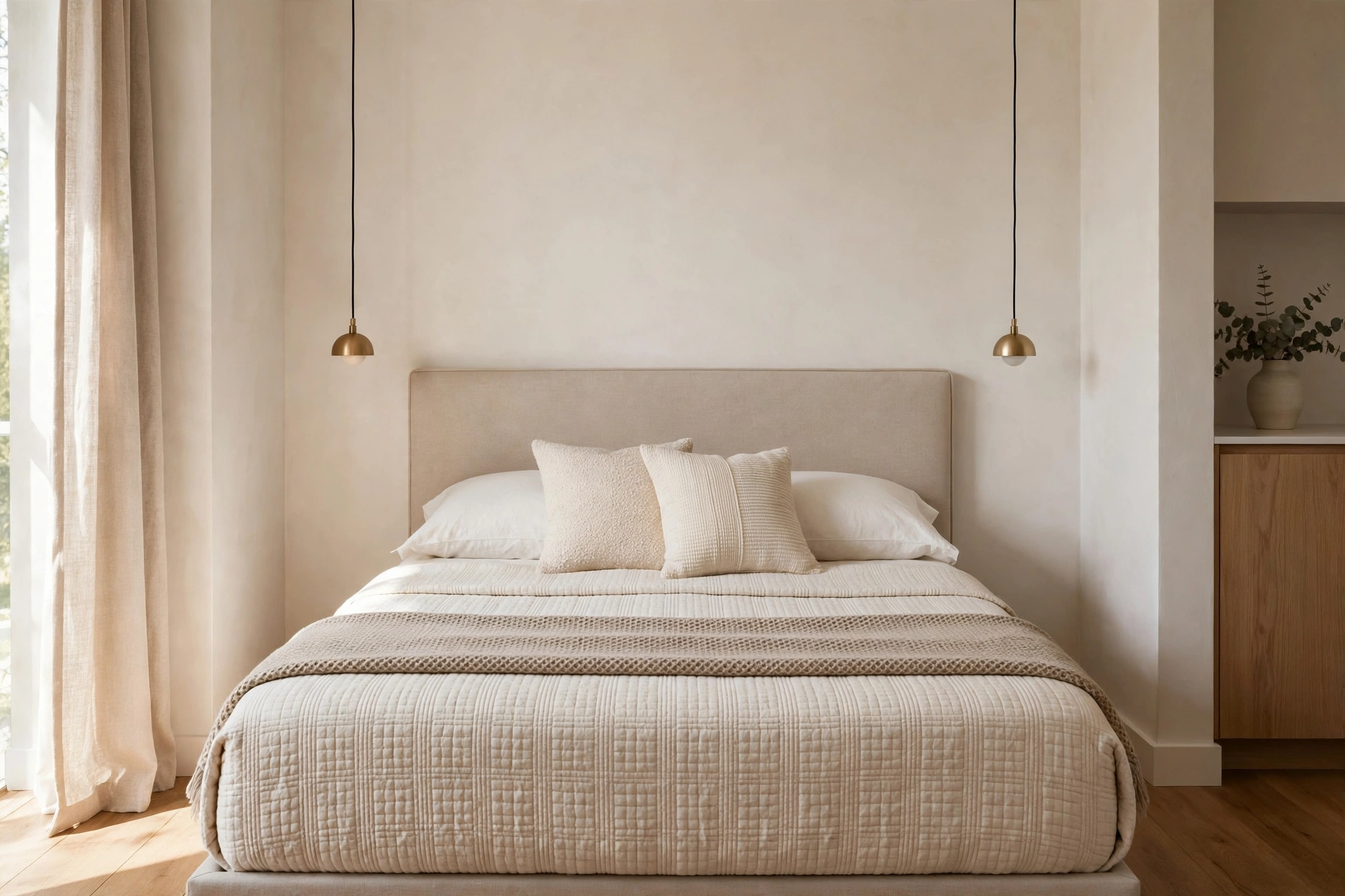 Studio apartment ideas: bed nook with an upholstered headboard, pendant lights, and styled bedding in a studio apartment