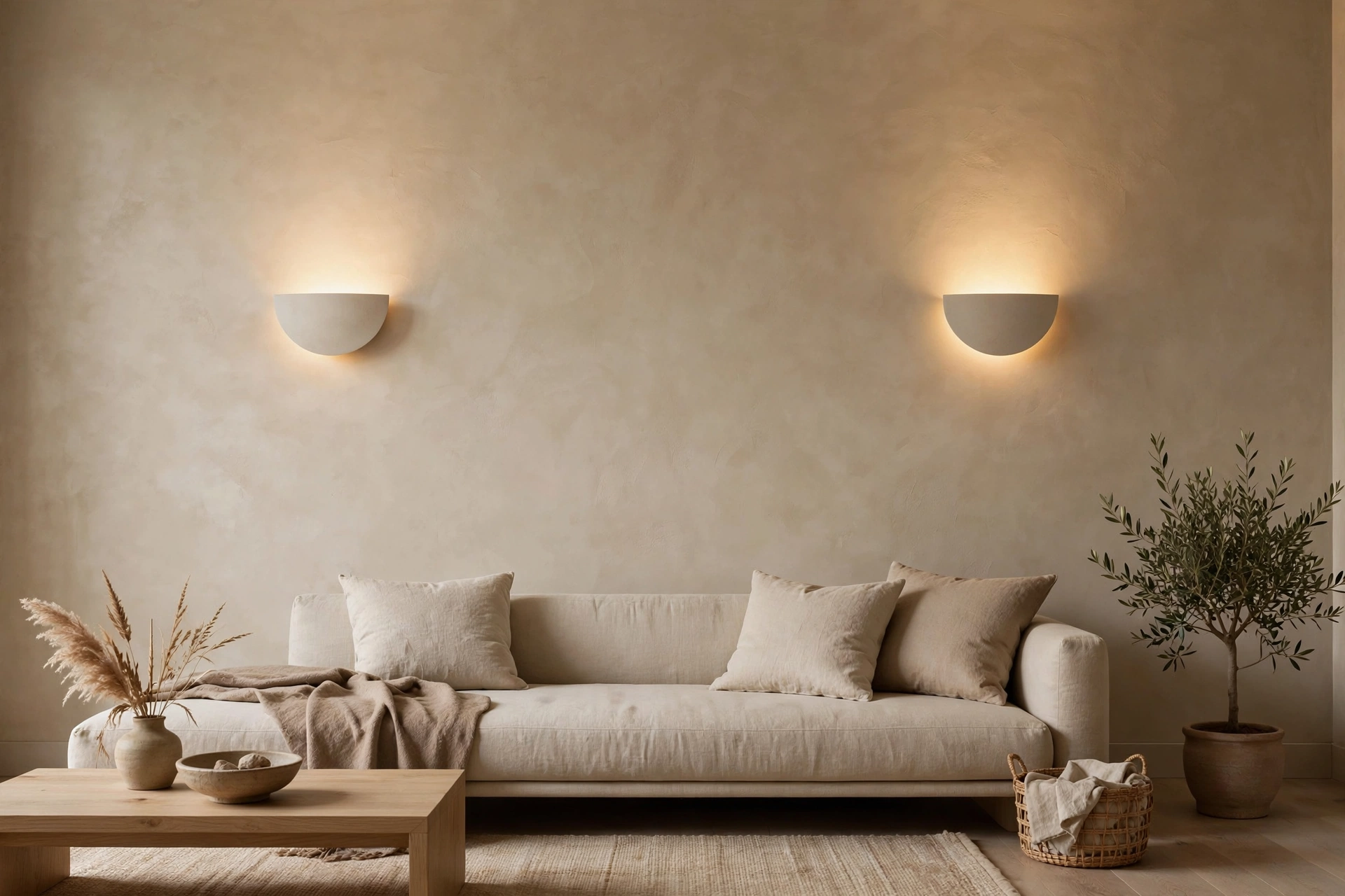 Plaster half-moon sconces washing a wall with soft light, minimalist wall sconce ideas