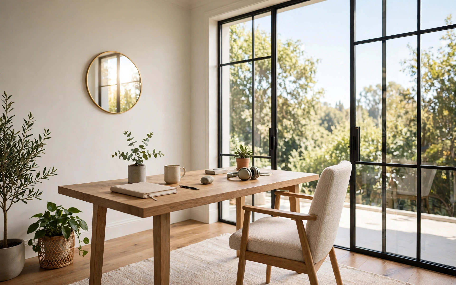 Home office desk setup ideas with smart placement: desk facing a bright window