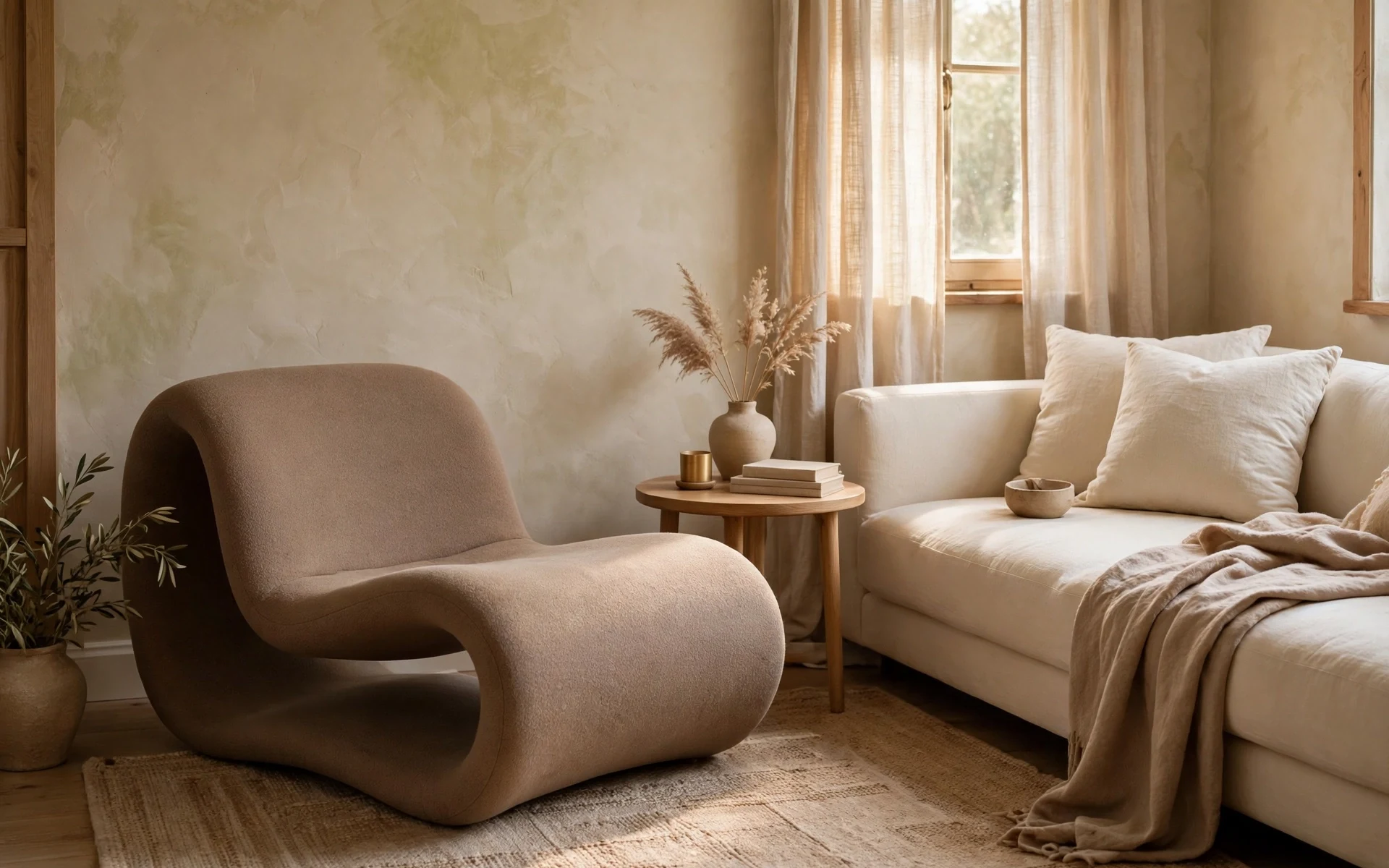 Low-profile sculptural lounge chair in warm taupe as accent chair ideas beside a low sofa