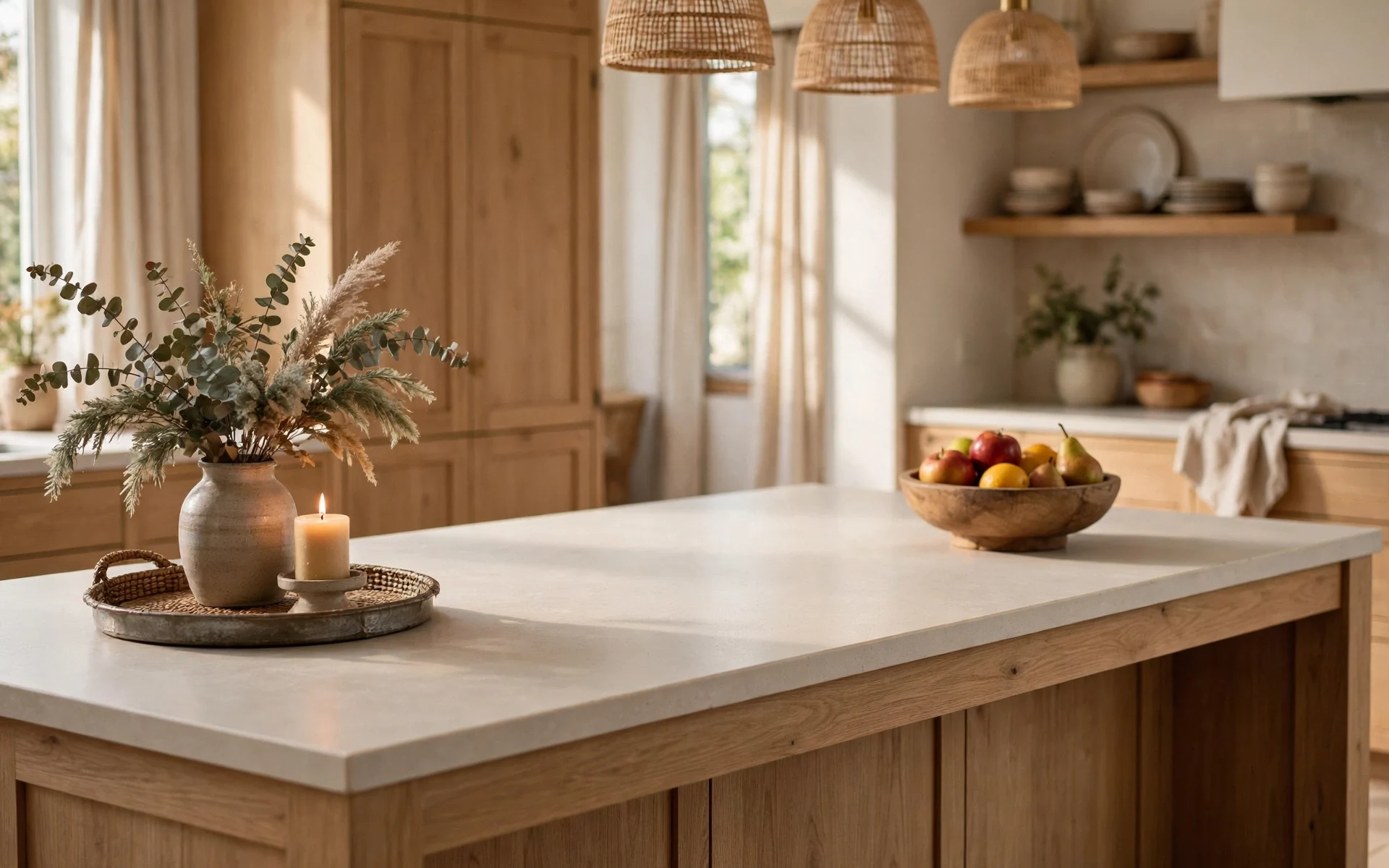 Long kitchen island styled in two zones with a tray grouping and fruit bowl as kitchen island decor ideas