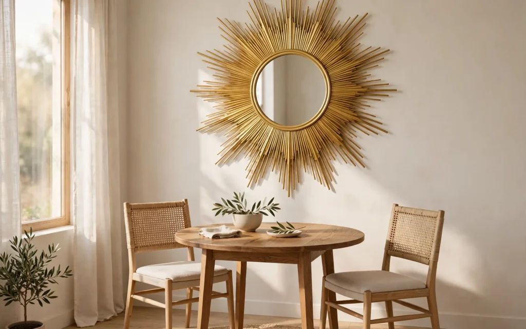 Mirror ideas for small rooms: gold sunburst statement mirror in a small dining nook