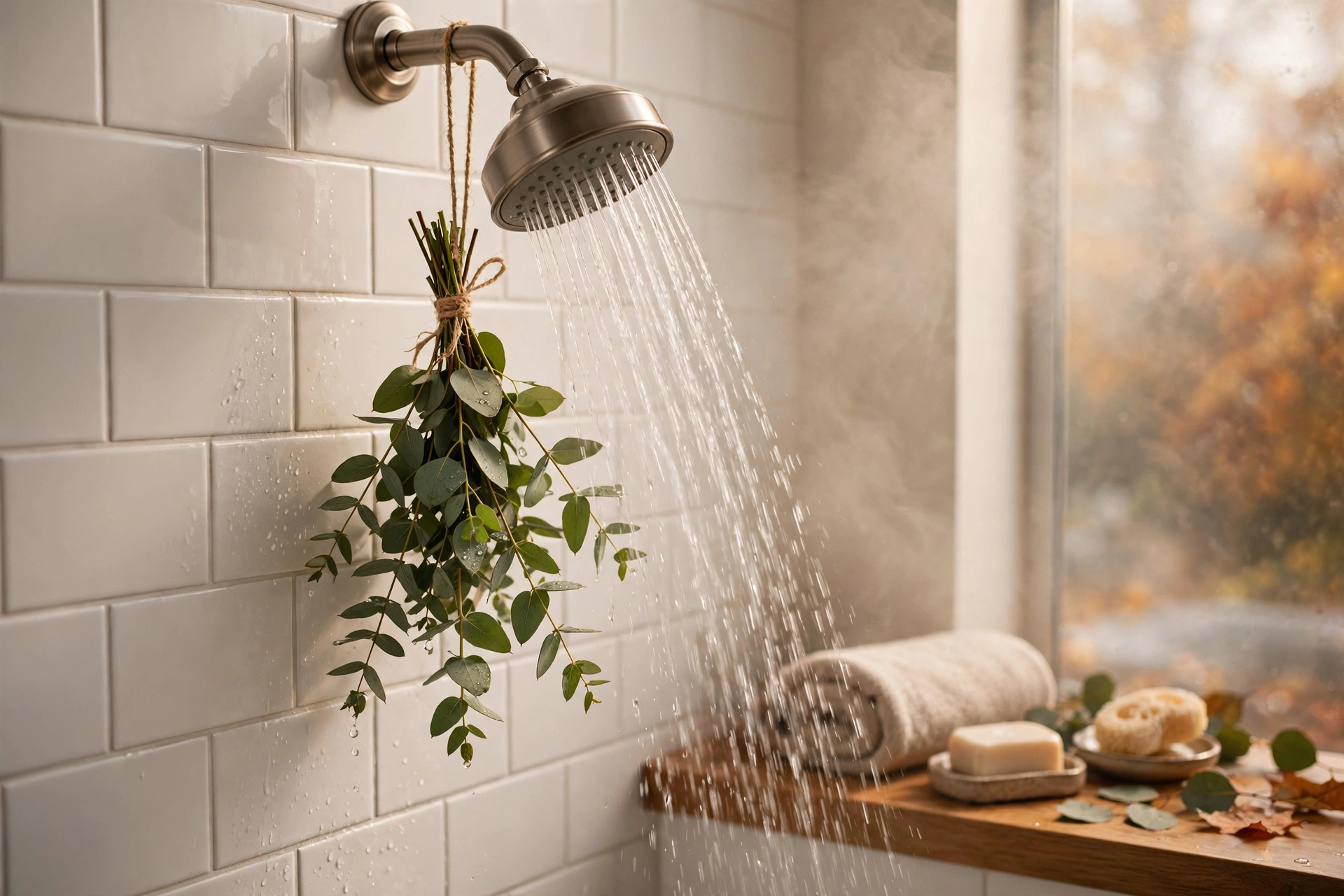 A eucalyptus bundle hanging from the shower head is one of the simplest fall bathroom decor ideas for scent and spa style