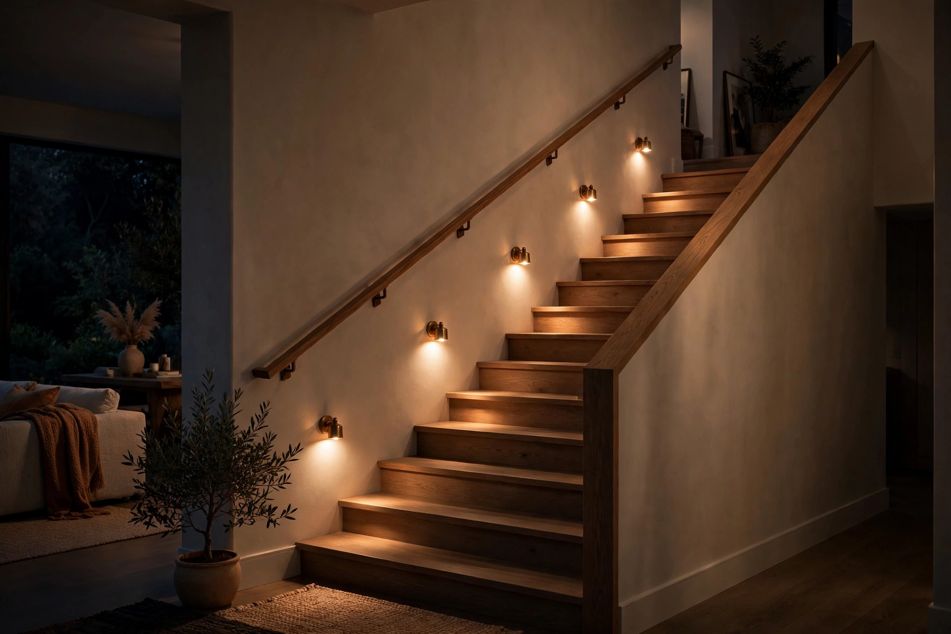 Sconces lighting a staircase at night, stairwell wall sconce ideas