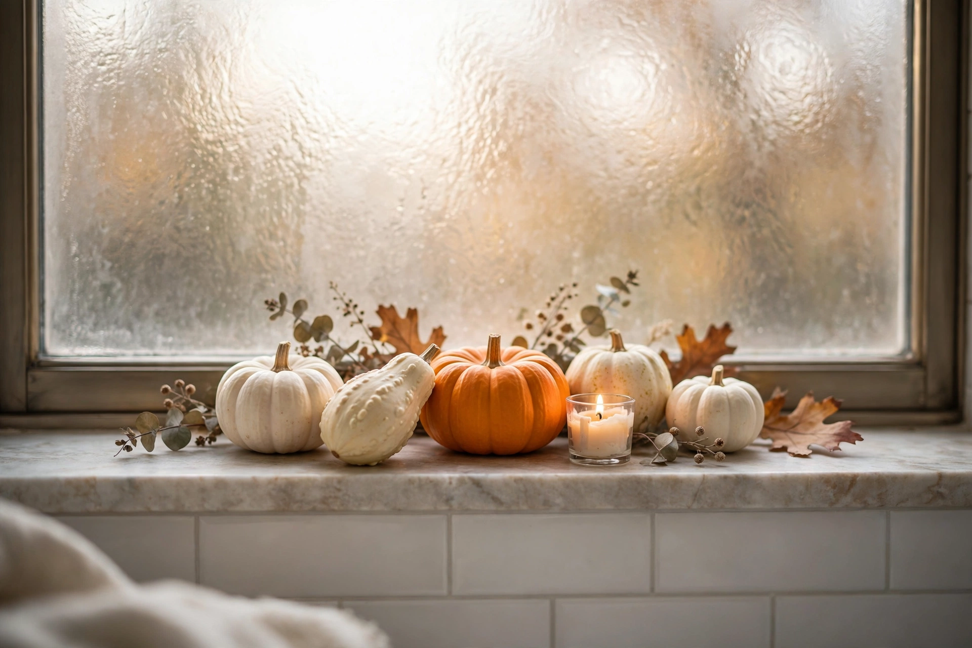 Mini white and orange pumpkins styled on a floating shelf are playful fall bathroom decor ideas