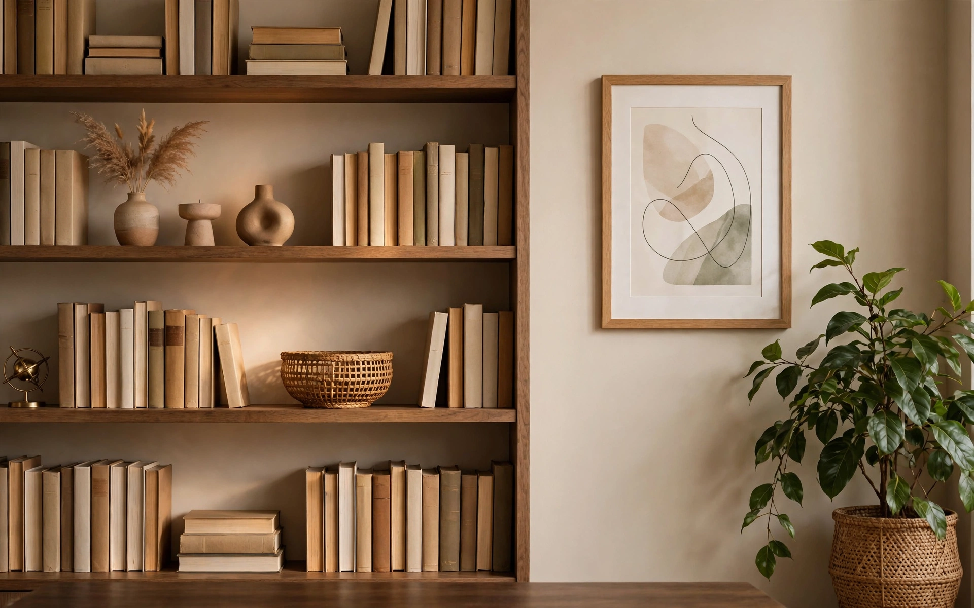 Home office desk setup ideas with a video-call-ready backdrop: styled shelf, art, and plant