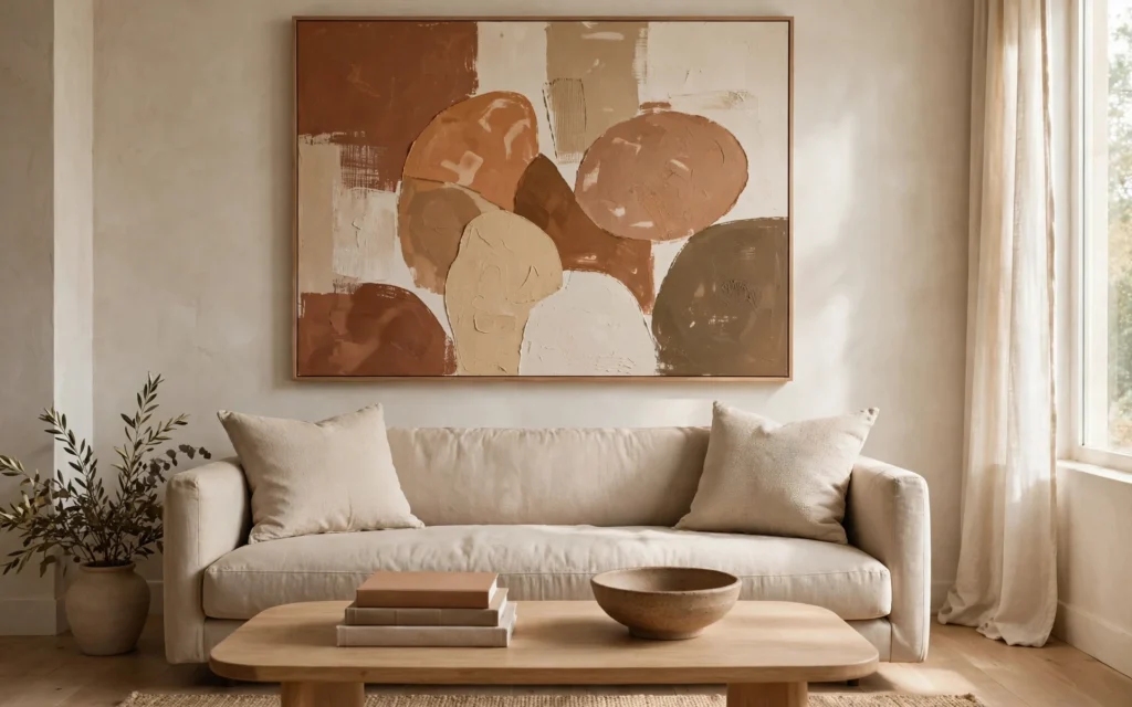 Large earth-toned artwork and a simply styled coffee table finishing beige living room ideas