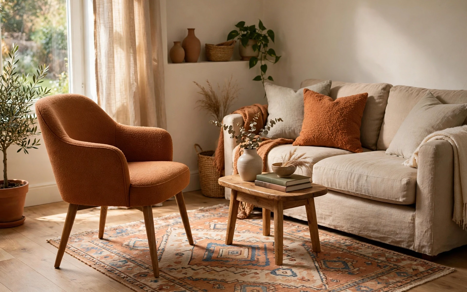 Single accent chair angled opposite a sofa on a rug as accent chair ideas for living room layout