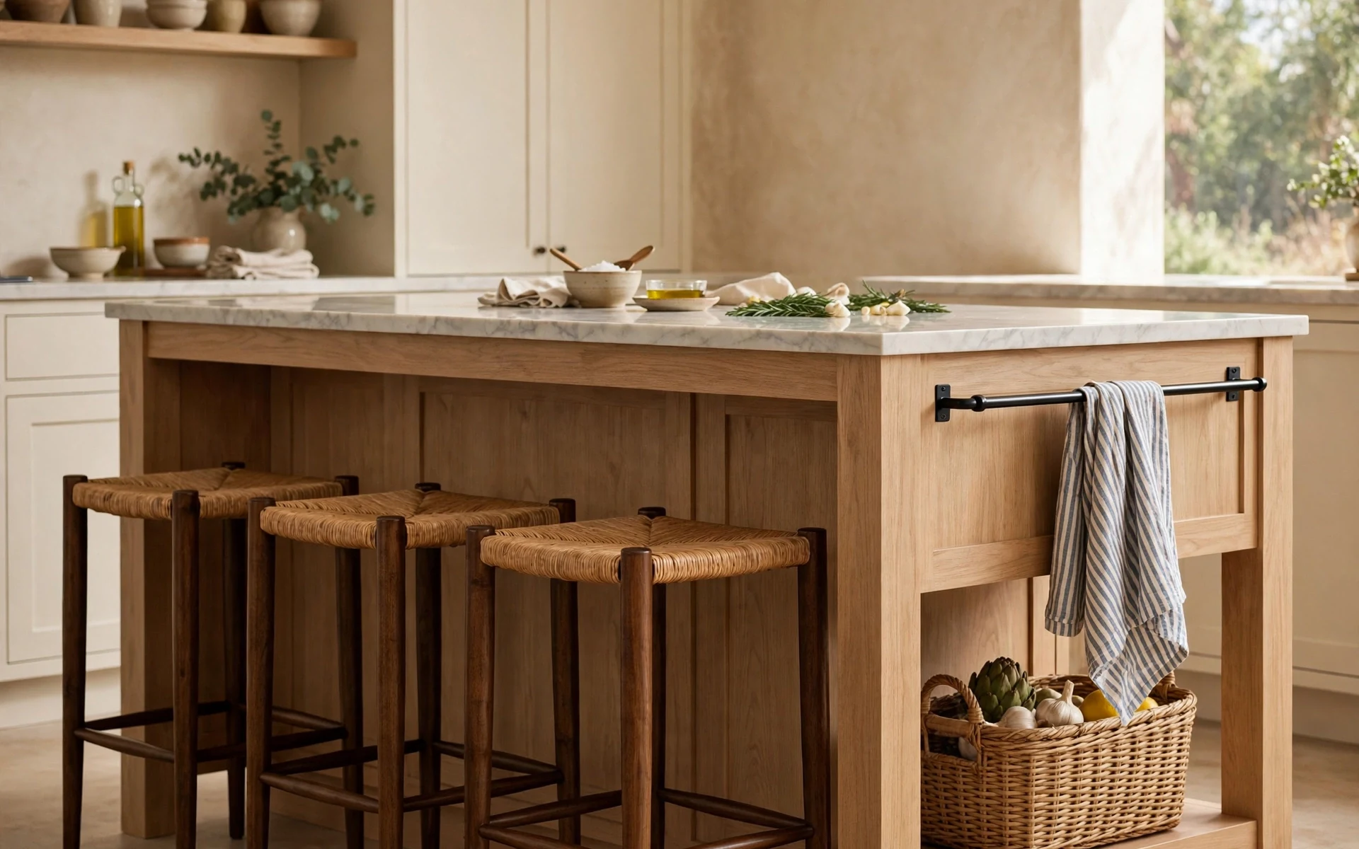 Woven seat stools tucked under an island with a towel rail as kitchen island decor ideas for seating areas