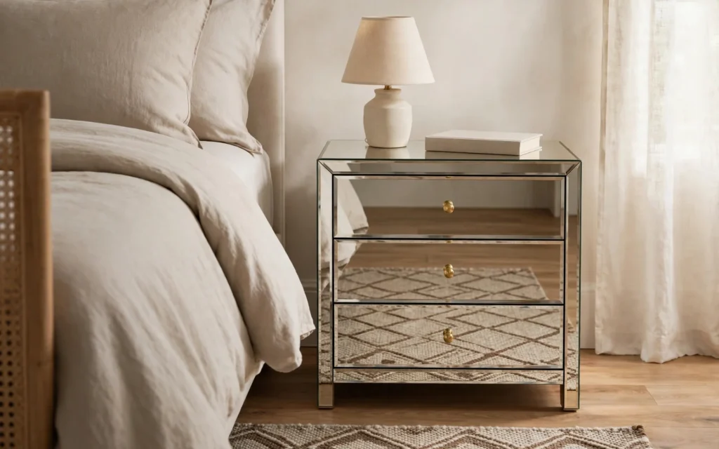Mirror ideas for small rooms: mirrored nightstand reflecting the floor in a small bedroom