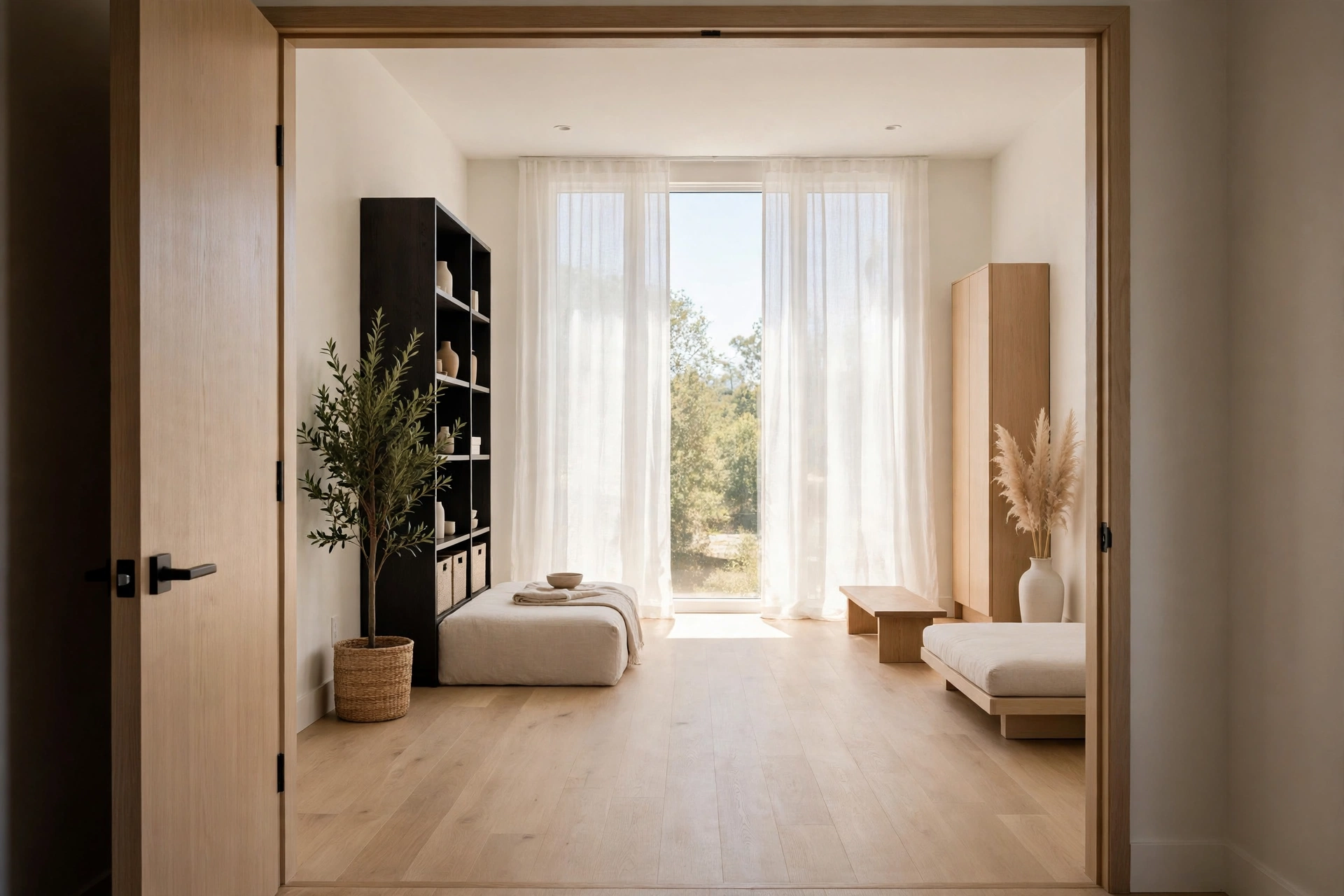 Studio apartment ideas: clear unobstructed sightline from the entry to the window in a bright studio apartment