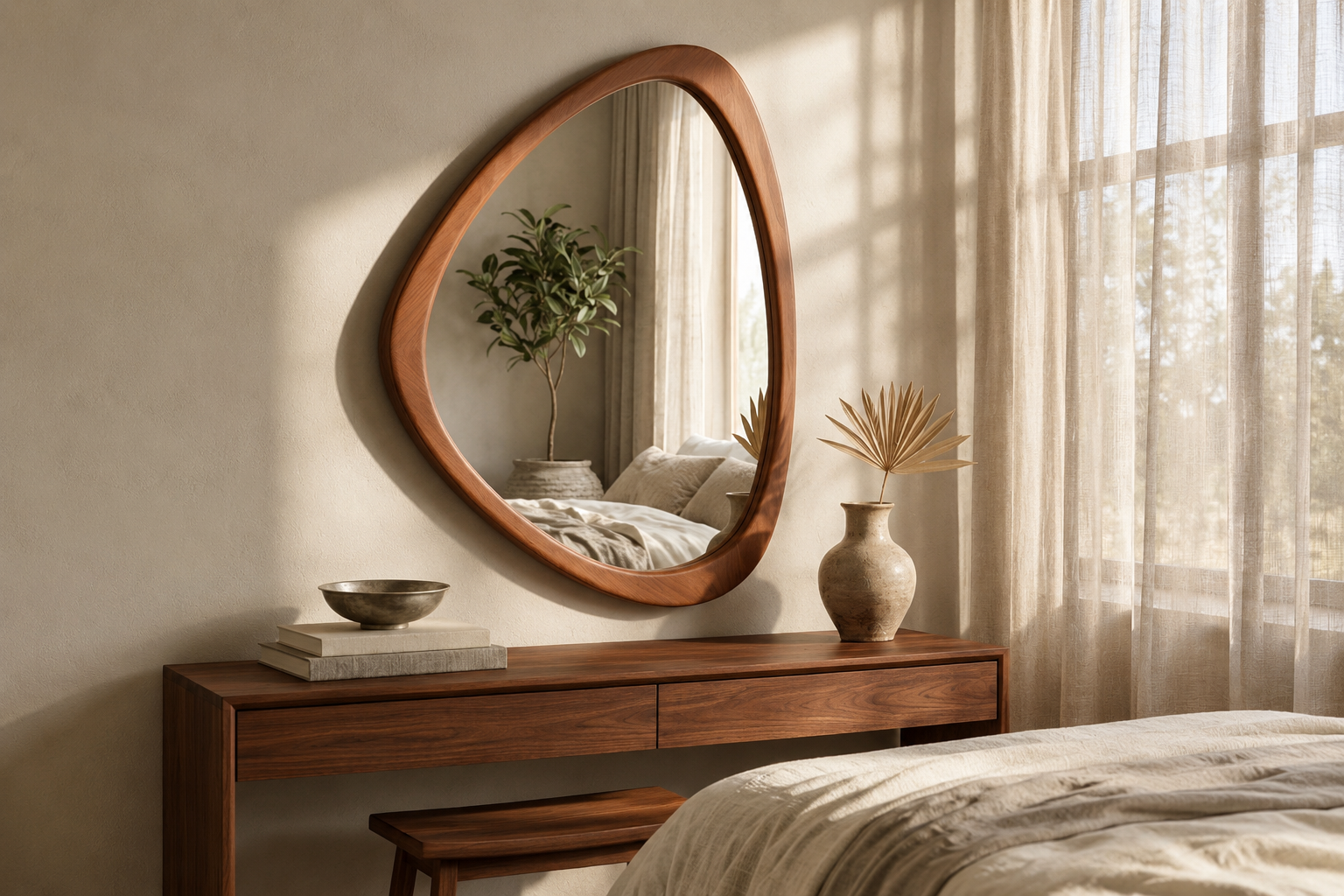 HOMECOOKIN Asymmetrical Wooden Wall Mirror above a walnut console table in a modern entryway.