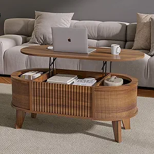 LYNCOHOME fluted lift-top coffee table with raised tabletop and hidden storage in a modern living room