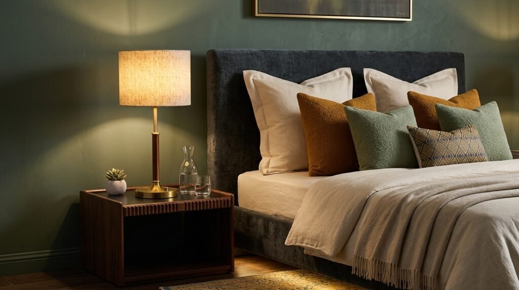 Warm candle warmer lamp on a modern wooden nightstand beside a cozy bed in a minimalist bedroom