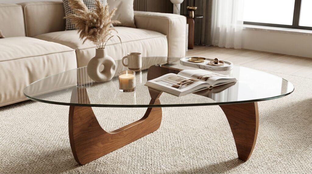 Modern wooden coffee table styled with books, candles, and decorative accents in a bright minimalist living room