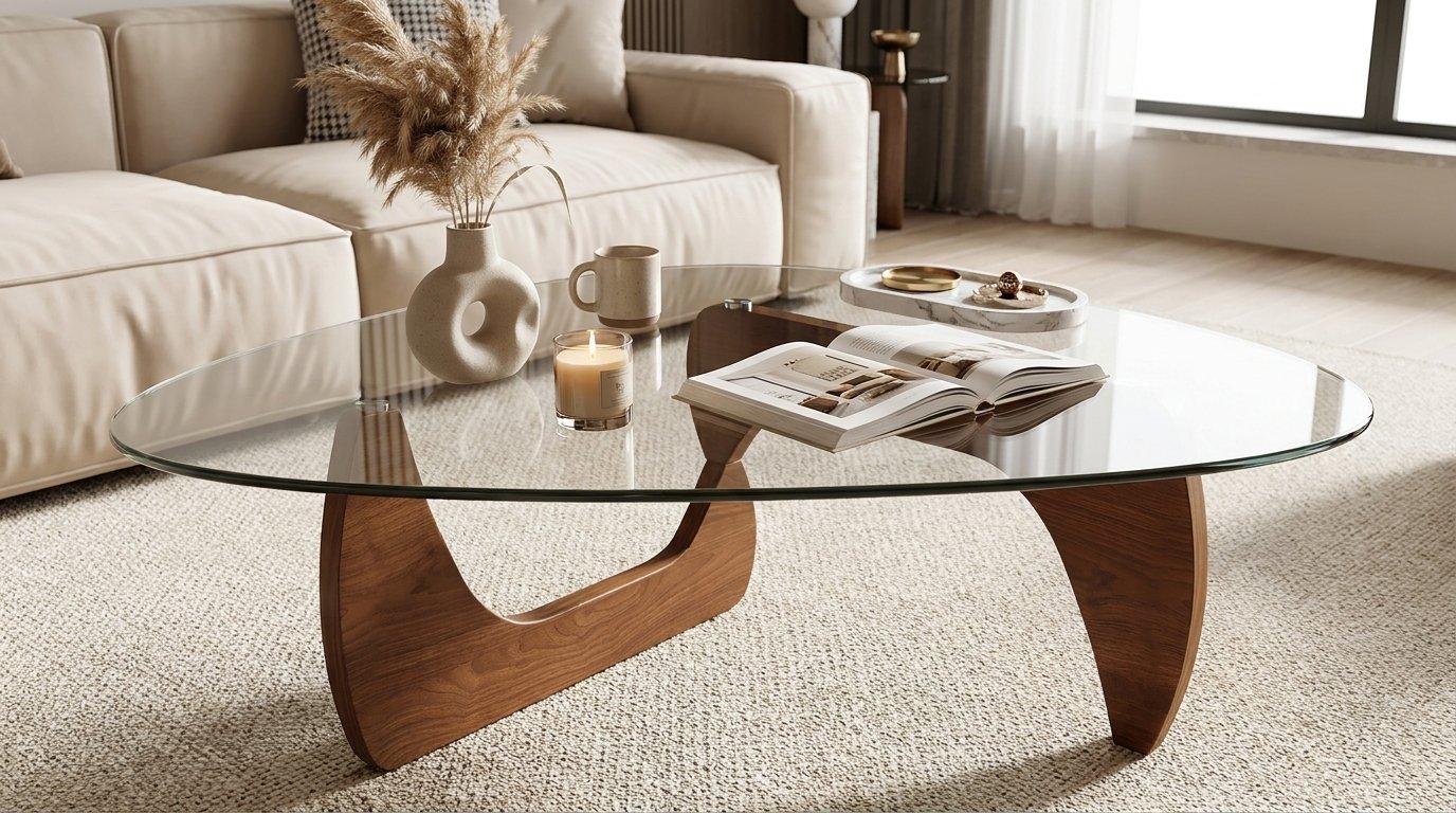 Modern wooden coffee table styled with books, candles, and decorative accents in a bright minimalist living room