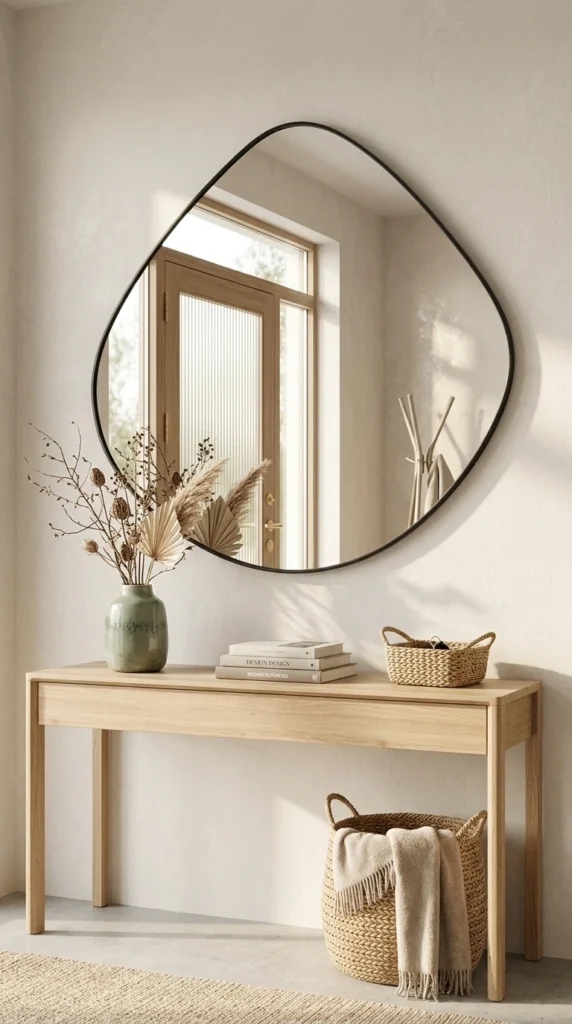 ELEHUME irregular wall mirror with a matte black frame above a light wood console table in a modern entryway.