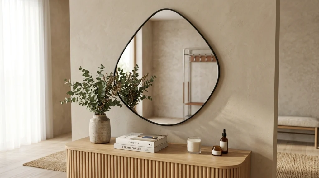 ELEHUME irregular wall mirror with a matte black frame displayed above a light wood console table in a modern Scandinavian entryway.