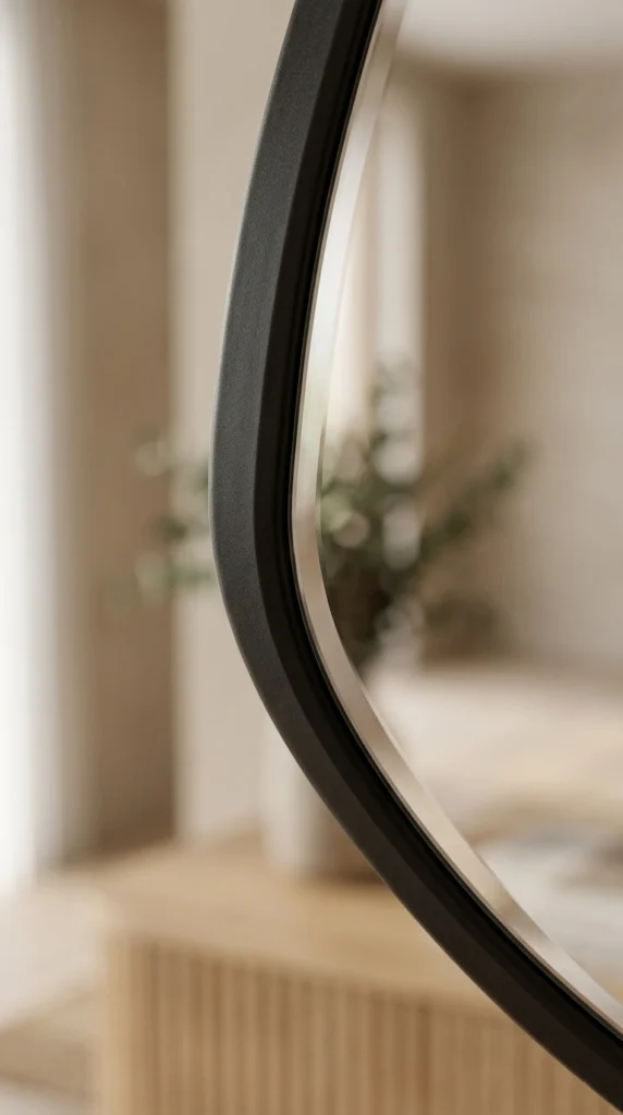 Close-up of the ELEHUME irregular wall mirror showing the matte black metal frame and beveled glass edge.
