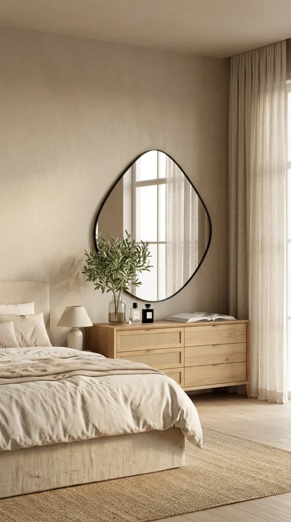 ELEHUME irregular wall mirror with a matte black frame above a wooden dresser in a modern minimalist bedroom.