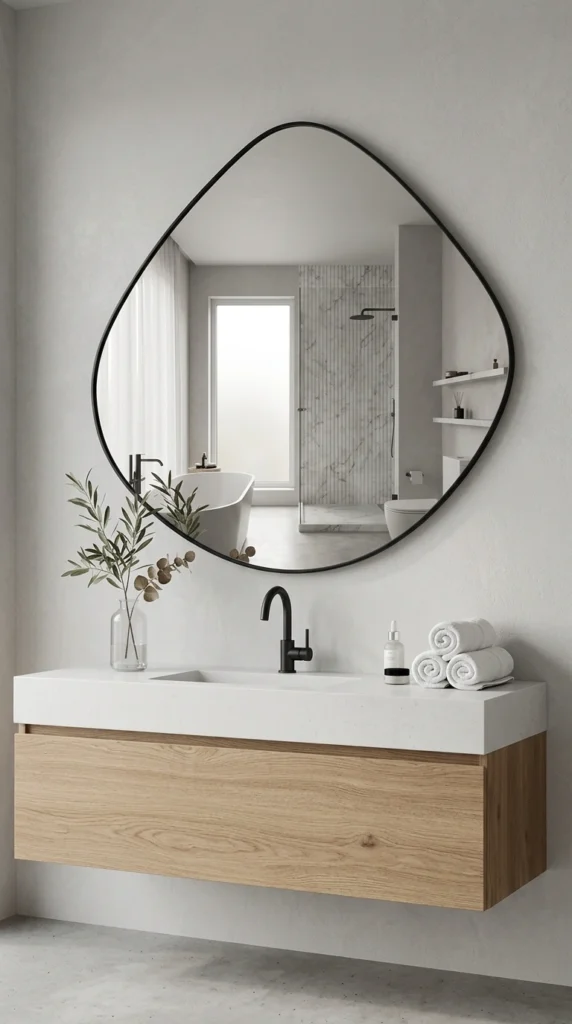 ELEHUME irregular wall mirror with a matte black frame installed above a floating wood bathroom vanity in a modern minimalist bathroom.