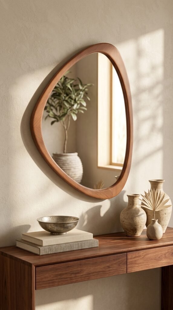 Mirror_above_walnut_console_table_202607201831 HOMECOOKIN asymmetrical wood mirror above a wooden console table in a modern bedroom.