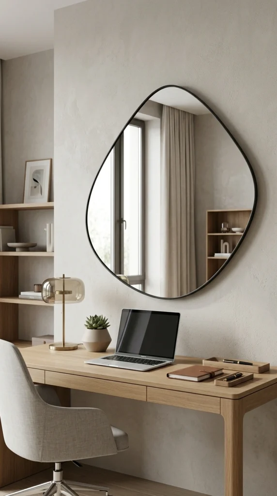 ELEHUME irregular wall mirror with a matte black frame above a modern wooden desk in a contemporary home office.