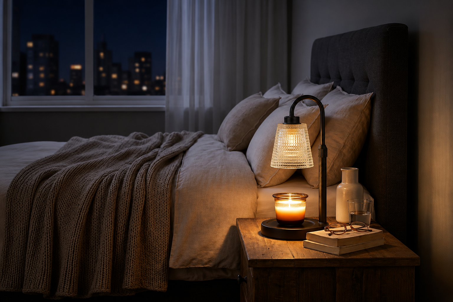 Innqoo Candle Warmer Lamp warming a scented jar candle on a wooden table in a cozy bedroom.