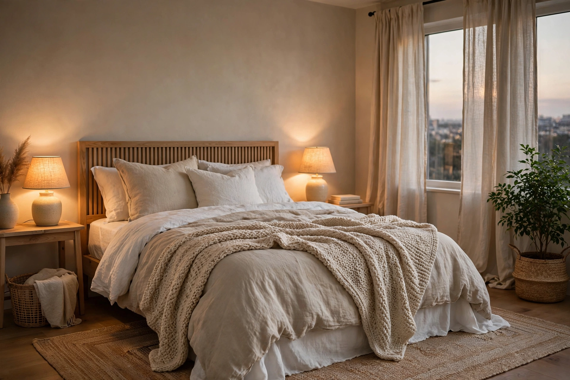 Cozy bedroom with layered neutral bedding, warm lamplight, and plants — cozy bedroom idea on a budget