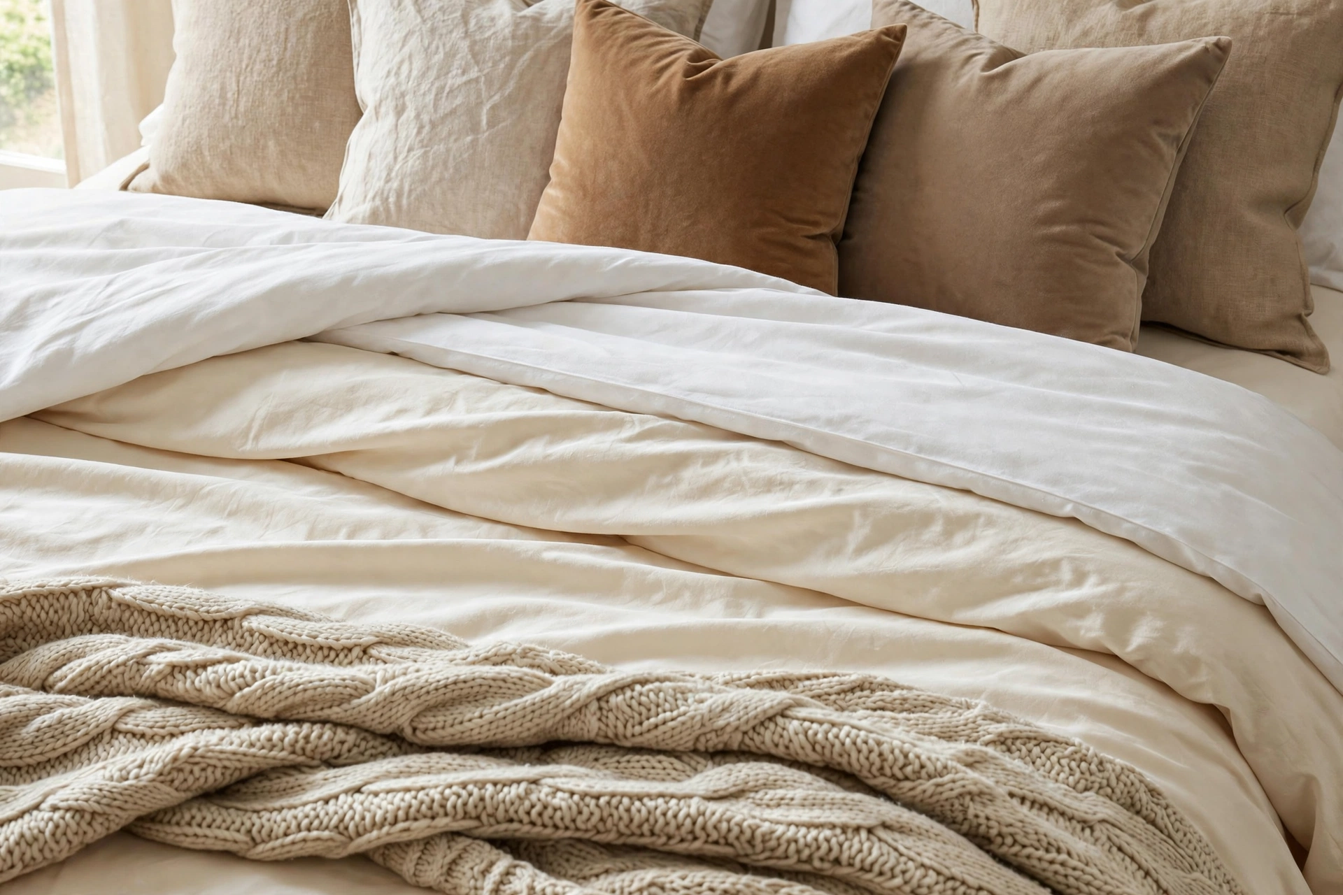 Bed styled with layered white duvet, knit throw blanket, and mixed linen pillows — cozy bedroom idea on a budget